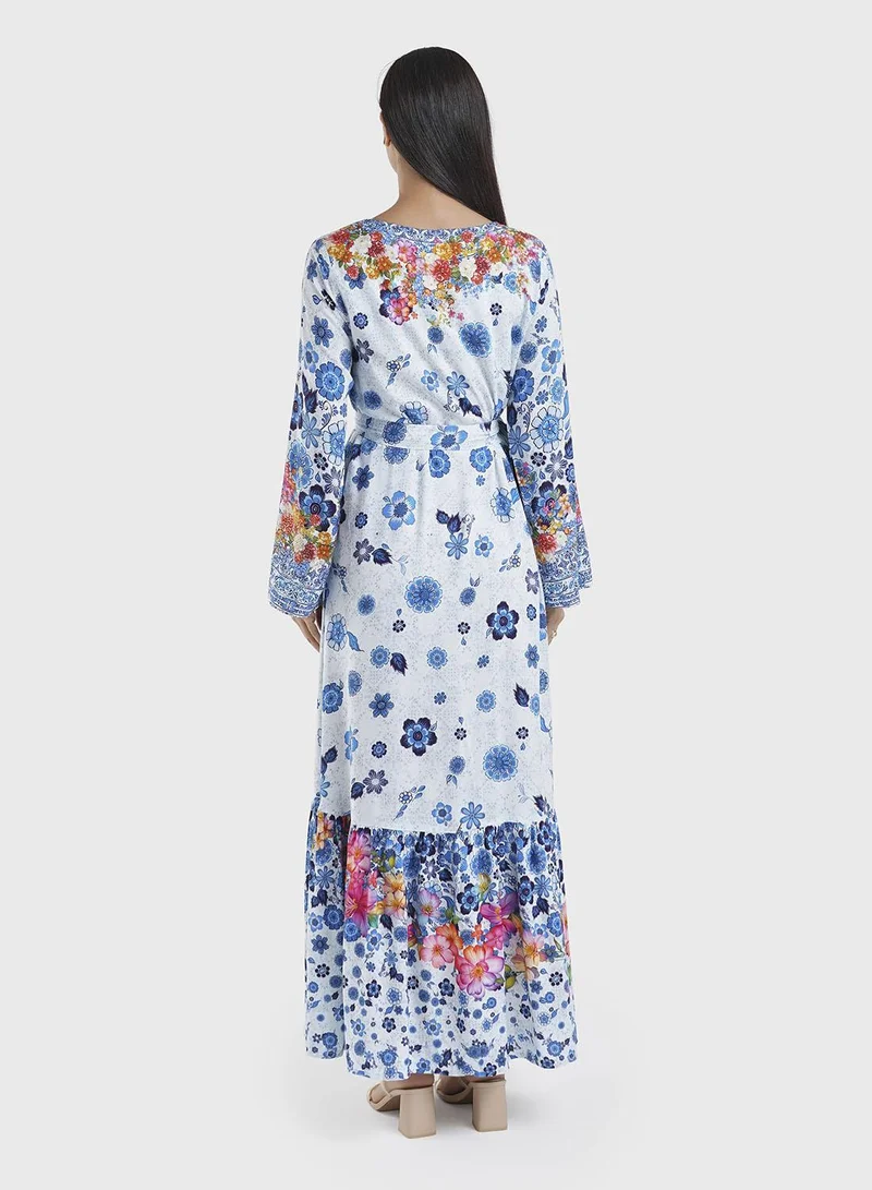 KASHKHA  Blue Viscose Floral Print Jalabiya(VDU856) for Women | Best Price UAE