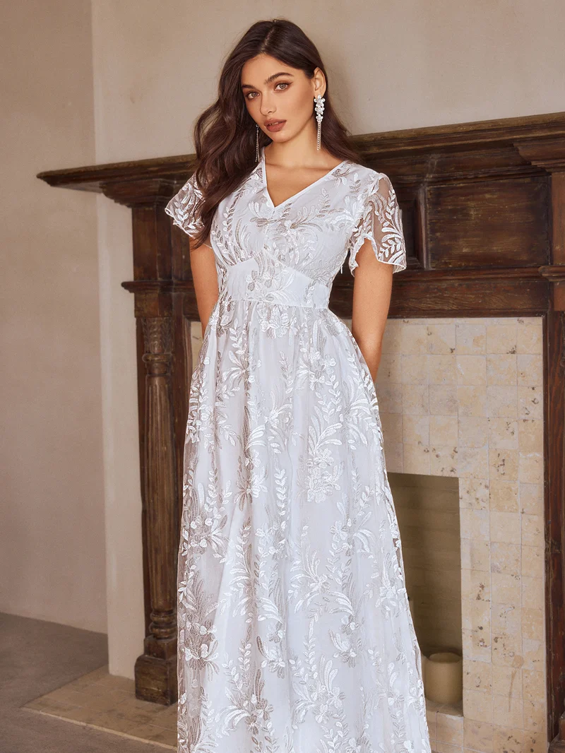 Simplee Women V Neck Short Sleeve Floral Lace A Line Midi Dress Elegant Wedding Guest Dress