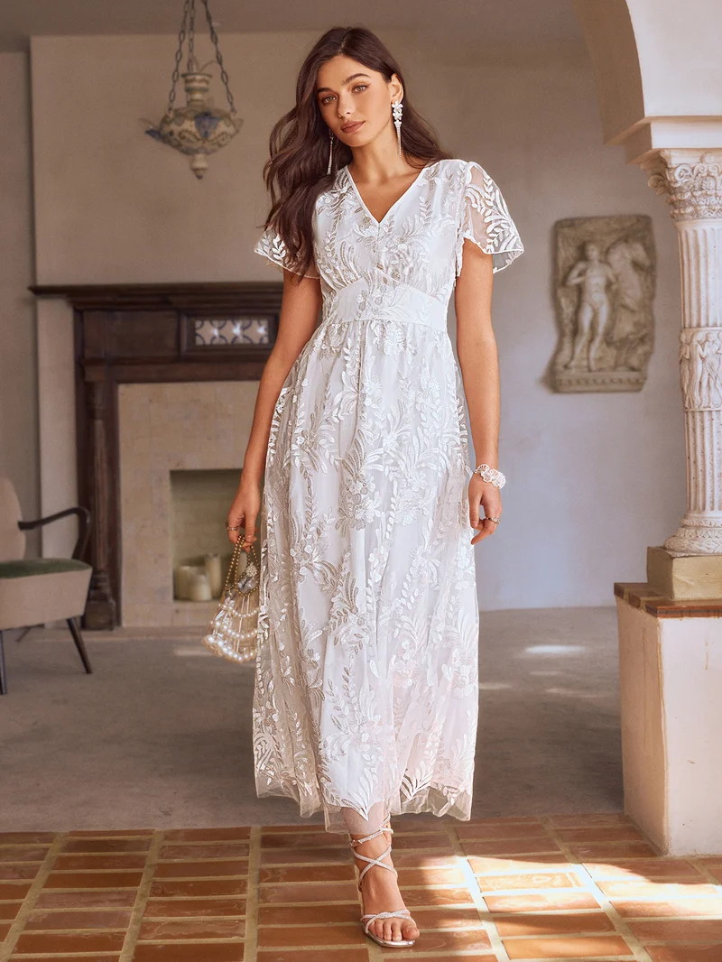 Simplee Women V Neck Short Sleeve Floral Lace A Line Midi Dress Elegant Wedding Guest Dress