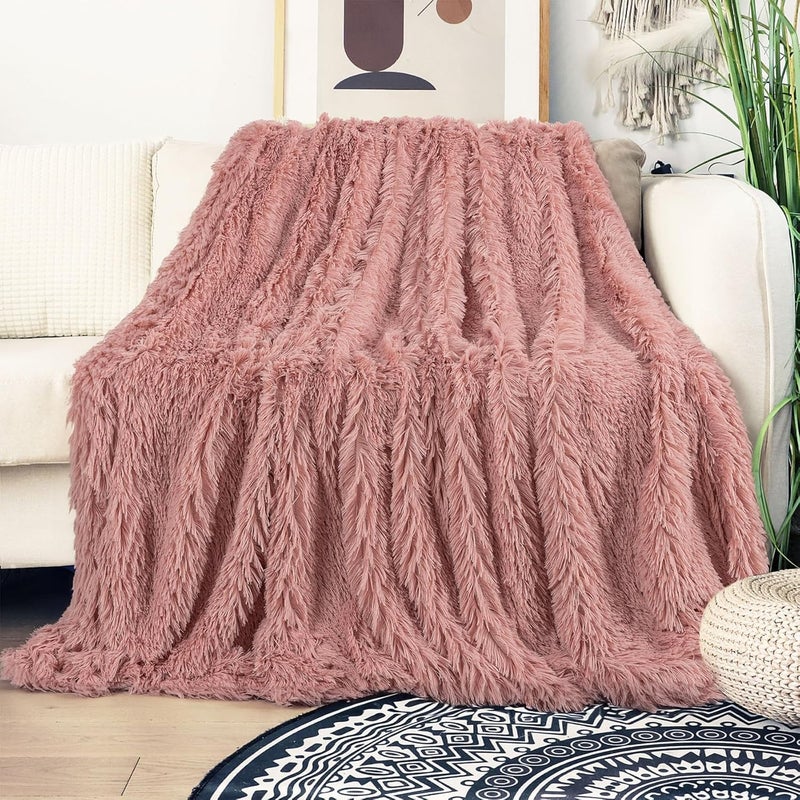 Tuddrom Decorative Extra Soft Fuzzy Faux Fur Throw Blanket 50" x 60",Solid Reversible Long Hair Shaggy Blanket,Fluffy Cozy Plush Comfy Microfiber Fleece Blankets for Couch Sofa Bedroom,Peach Whip - Image 2