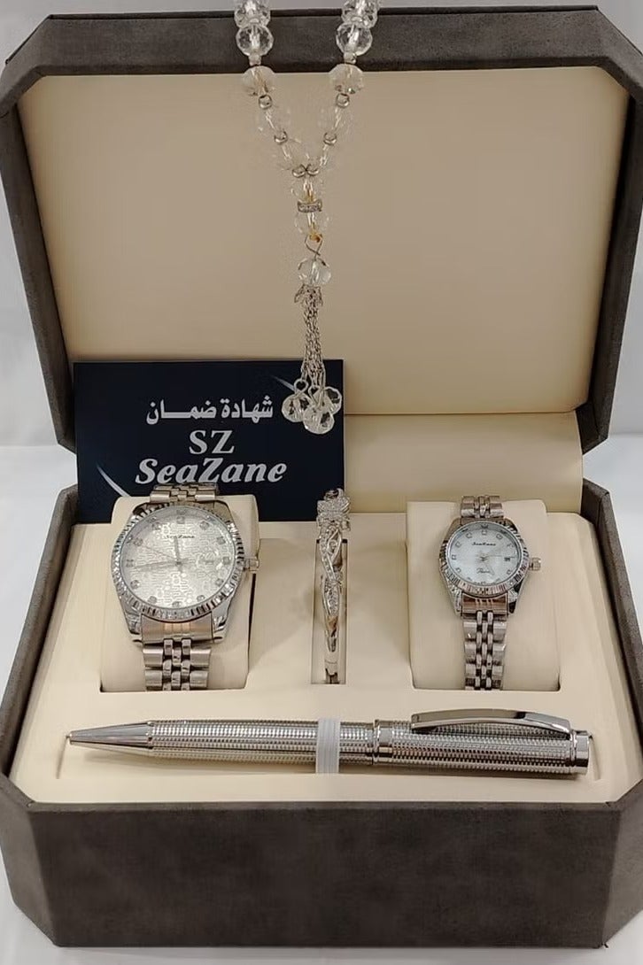 Generic Men's watch set with pen and rosary + women's watch and zircon bracelet with zircon ring 