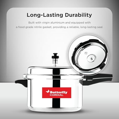 Butterfly Cordial 5 Litres Pressure Cooker | Outer Lid | Food Grade Virgin Aluminium | Gas Stove Compatible| ISI Certified | 2 Years Manufacturer's Warranty | Silver - Image 4