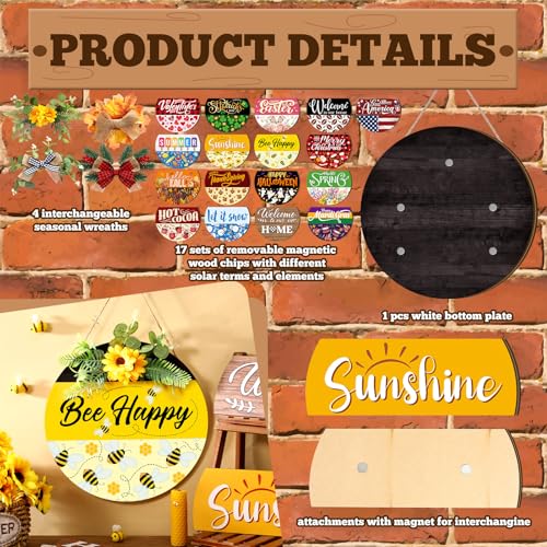 Vicenpal Interchangeable Welcome Sign for Front Door with 17 Magnetic Icons, Wooden Seasonal Front Porch Door Decor with 4 Seasonal Wreaths and 17 Changeable Icons for Holiday Party(Black) - Image 4
