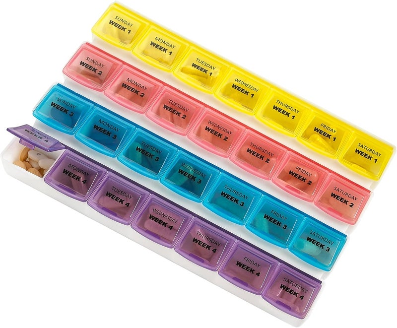 MEDca Monthly Pill Organizer - 28 Day Monthly Pill Planner to Separate Pills & Vitamins Week to Week, Travel Medication Reminder Daily Monday to Sunday Compartments 