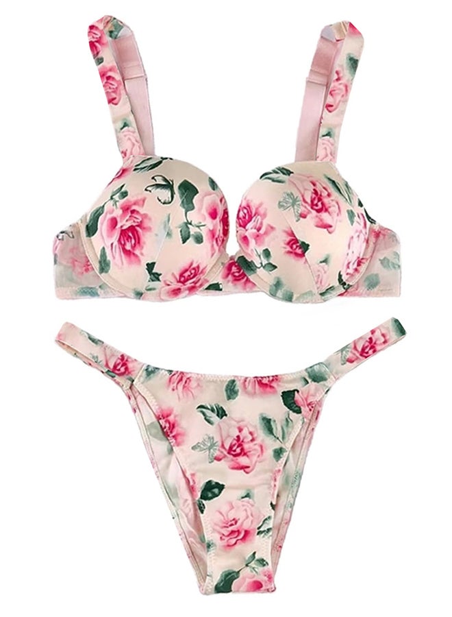MARGOUN Women 38B Size Lingerie Set Push Up Bra 2 Piece Underwear Set Floral Print Lingerie Set White - Image 4