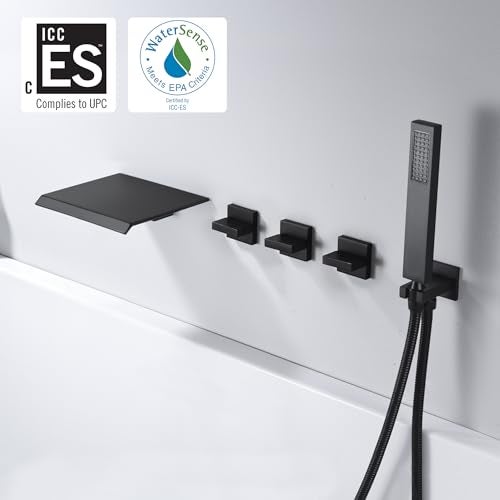 sumerain Wall Mount Waterfall Tub Filler Faucet with Hand Shower High Flow Matte Black Bathtub Faucet,SUMERAIN - Image 2