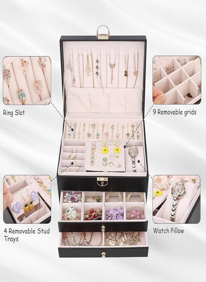 SIBY PU Leather Jewelry Storage Case for Women | 3 Layer Elegant Jewellery Organiser with Drawers for Girls | Fashionable Safe Jewelry Box for Rings, Earrings, Bracelets, Necklaces (Black) - Image 4