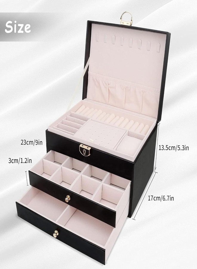 SIBY PU Leather Jewelry Storage Case for Women | 3 Layer Elegant Jewellery Organiser with Drawers for Girls | Fashionable Safe Jewelry Box for Rings, Earrings, Bracelets, Necklaces (Black) - Image 2
