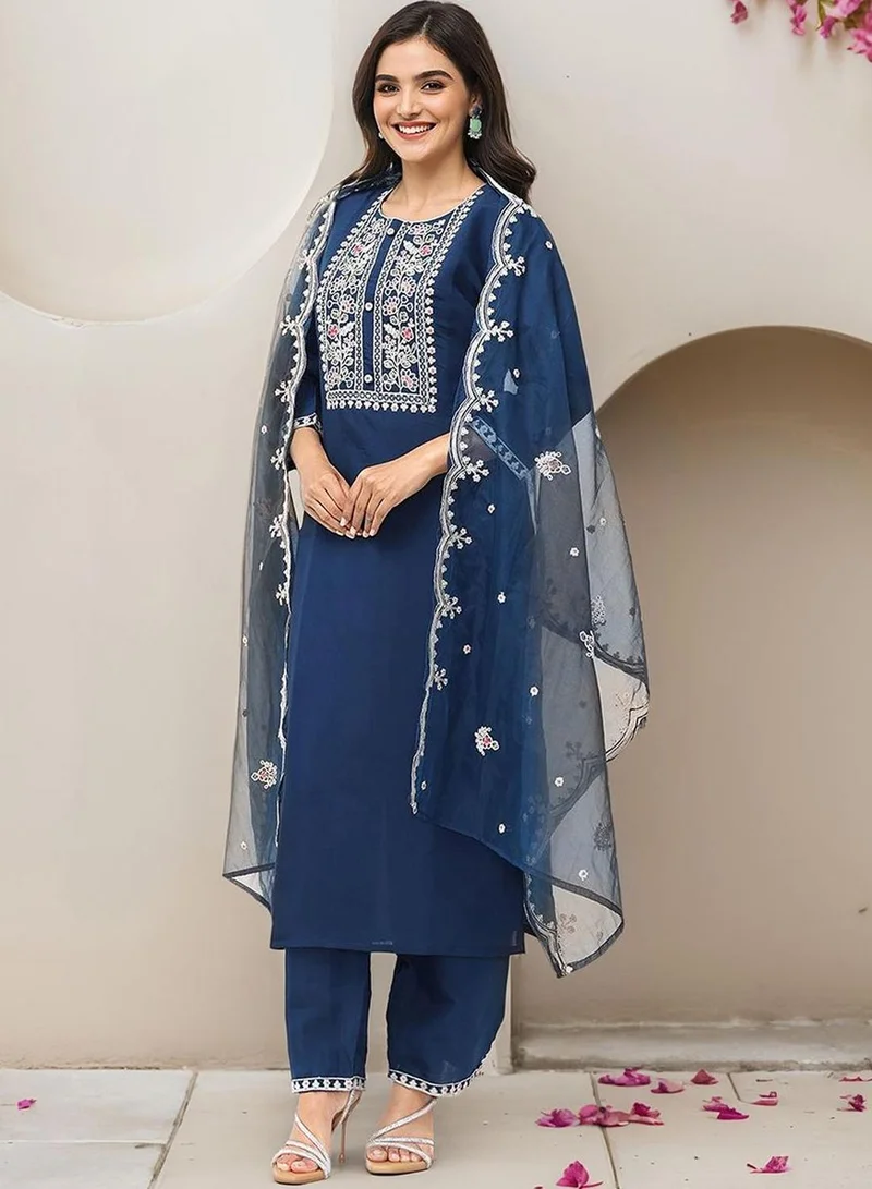 آي شين Women's Blue Modal Chanderi Embellished Tunic Full Length Casual Straight Fit Kurta Set