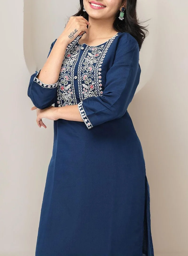 آي شين Women's Blue Modal Chanderi Embellished Tunic Full Length Casual Straight Fit Kurta Set