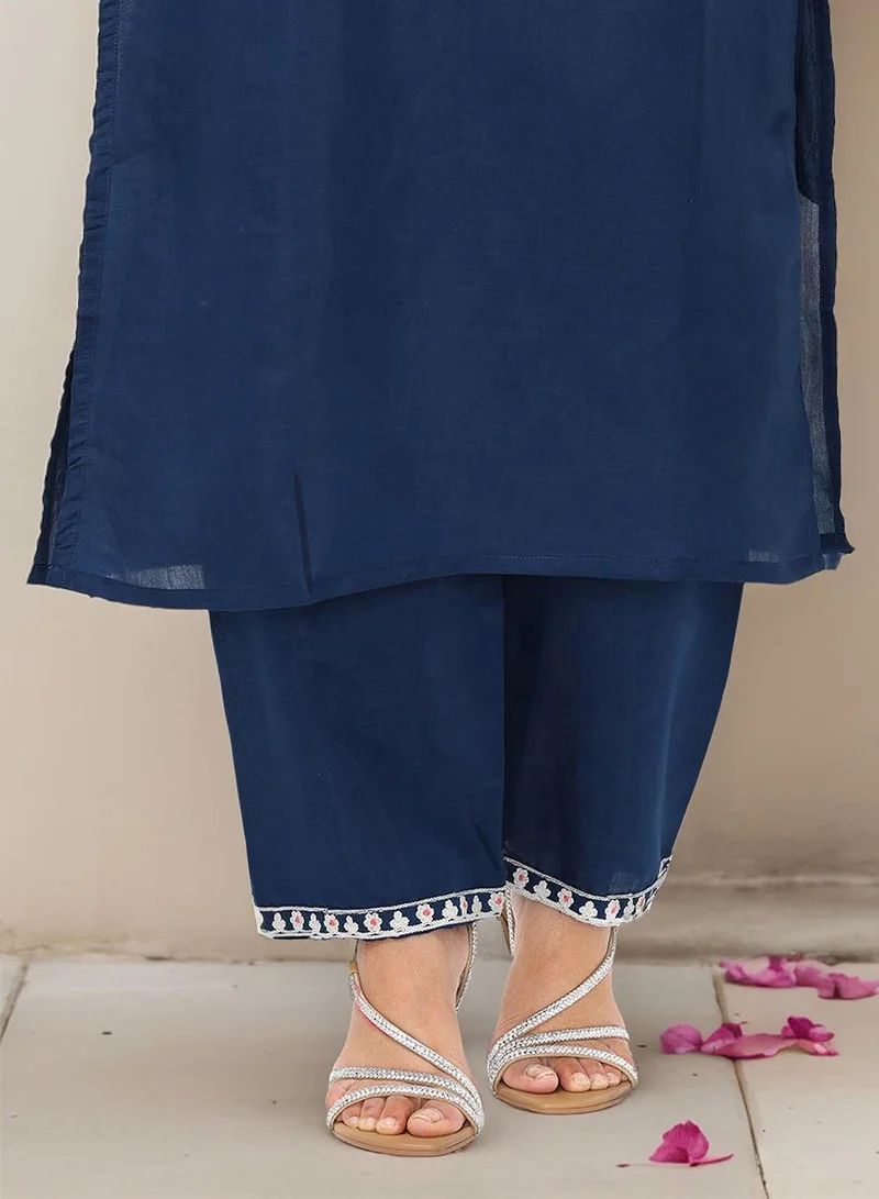 آي شين Women's Blue Modal Chanderi Embellished Tunic Full Length Casual Straight Fit Kurta Set