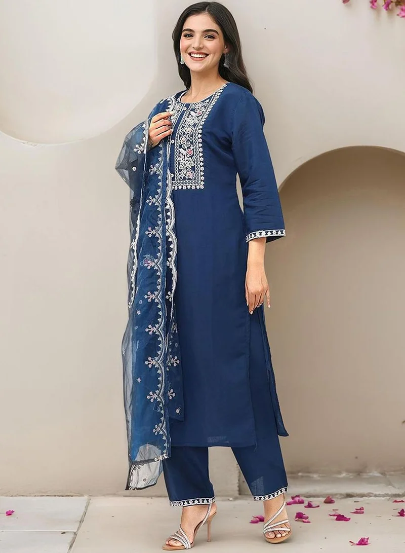 آي شين Women's Blue Modal Chanderi Embellished Tunic Full Length Casual Straight Fit Kurta Set