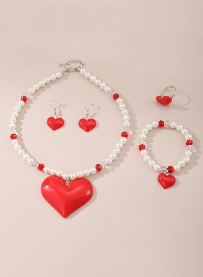 Take Two  Girls Heart Charm Pearl Necklace, Bracelet, Earrings and Ring Set for Women | Best Price UAE