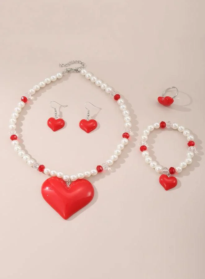 Take Two  Girls Heart Charm Pearl Necklace, Bracelet, Earrings and Ring Set for Women | Best Price UAE
