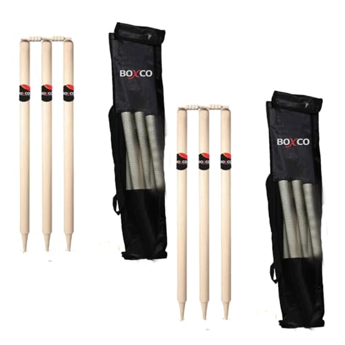 Boxco Cricket Stump Set, 6 Wooden Wickets, 4 Bails with 2 Cover, Regular Size - Image 1