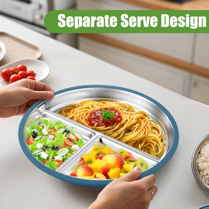 BUSOHA 2 Pack Stainless Steel Kids Plate with Suction - 9â€ Divided Toddler Baby Plates with Silicone Sleeves 2-in-1 Anti Breakage Metal Toddler Bowls Microwave Dishwasher Safe - Image 4