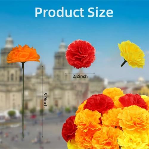 YGbridge Artificial Marigold Flowers 100Pcs Fake Marigolds Silk Cempasuchil Flowers for Day of The Dead Diwali Dia De Los Muertos Decoration Halloween Ofrenda Decor Orange Yellow Red 100Pcs - Image 3