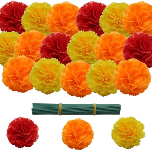 YGbridge Artificial Marigold Flowers 100Pcs Fake Marigolds Silk Cempasuchil Flowers for Day of The Dead Diwali Dia De Los Muertos Decoration Halloween Ofrenda Decor Orange Yellow Red 100Pcs - Image 1