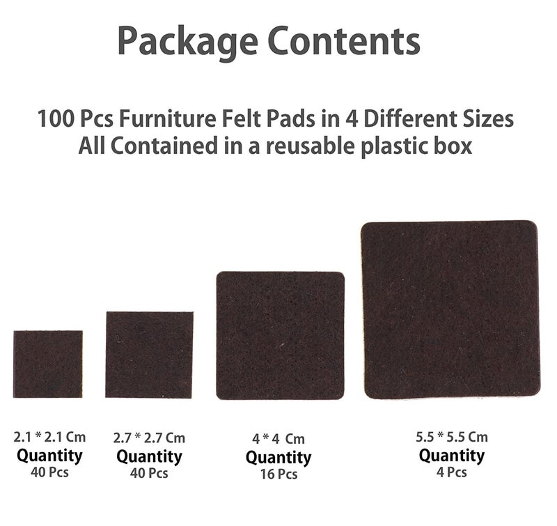Iktu 100pcs Square Felt Pads for Furniture Noise Insulation Bumper Non-Slip Pads for Sofa Cabinet Chair Feet Floor Protector Brown (with Plastic Box) - Image 2