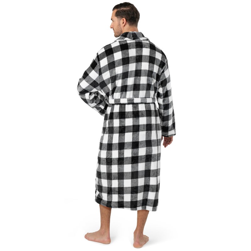 PAVILIA Mens Robe, Soft Plaid Robe for Men, Fleece Warm Long Bathrobe for Bath Shower Spa with Shawl Collar and Pockets, Plush Microfiber - Black and White Buffalo Plaid Checkered - Image 3