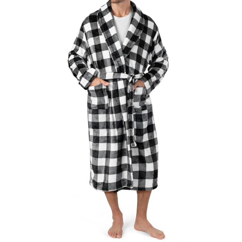 PAVILIA Mens Robe, Soft Plaid Robe for Men, Fleece Warm Long Bathrobe for Bath Shower Spa with Shawl Collar and Pockets, Plush Microfiber - Black and White Buffalo Plaid Checkered - Image 2