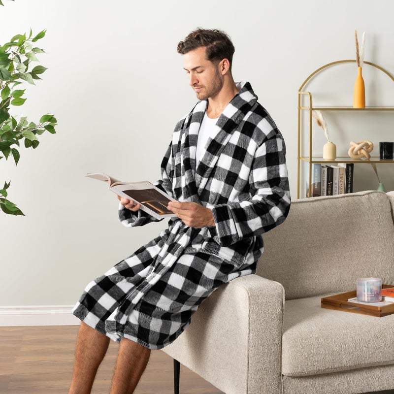 PAVILIA Mens Robe, Soft Plaid Robe for Men, Fleece Warm Long Bathrobe for Bath Shower Spa with Shawl Collar and Pockets, Plush Microfiber - Black and White Buffalo Plaid Checkered - Image 4