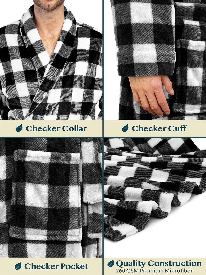 PAVILIA Mens Robe, Soft Plaid Robe for Men, Fleece Warm Long Bathrobe for Bath Shower Spa with Shawl Collar and Pockets, Plush Microfiber - Black and White Buffalo Plaid Checkered - Image 5