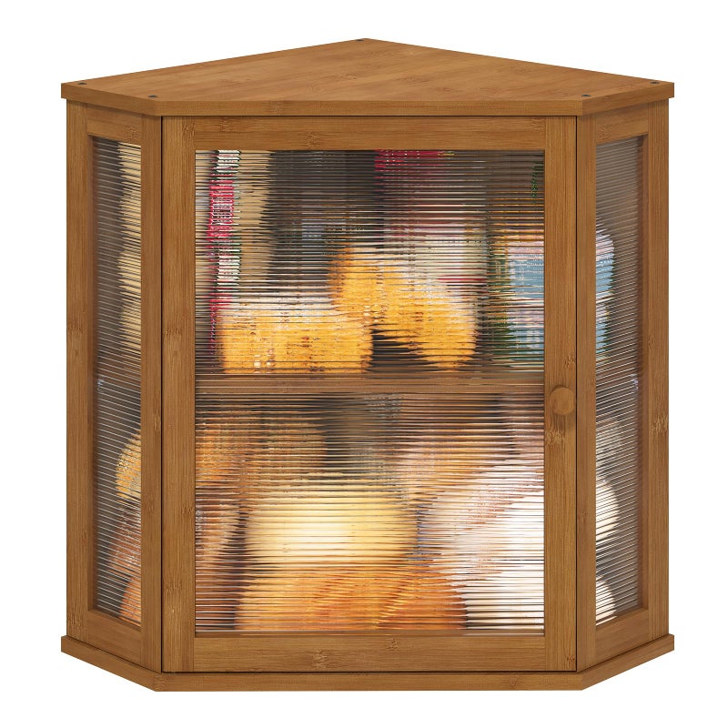 viewcare Corner Bread Box for Kitchen Counter, Bamboo Wood Large Capacity Bread Storage Bin with Acrylic Wavy Door Panel (Brown, Extra Large) - Image 1