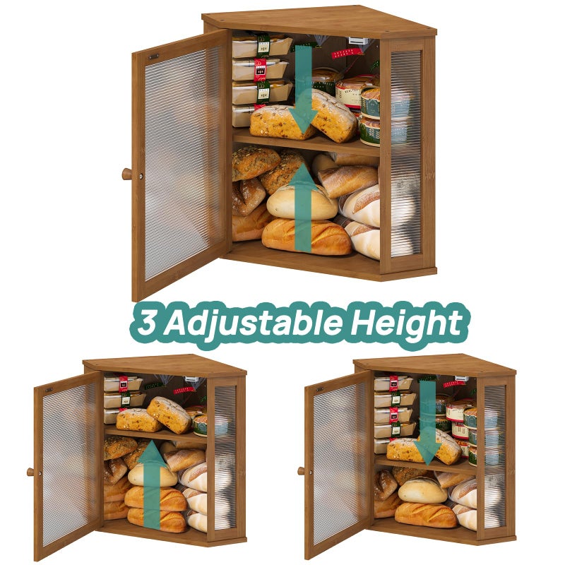 viewcare Corner Bread Box for Kitchen Counter, Bamboo Wood Large Capacity Bread Storage Bin with Acrylic Wavy Door Panel (Brown, Extra Large) - Image 4