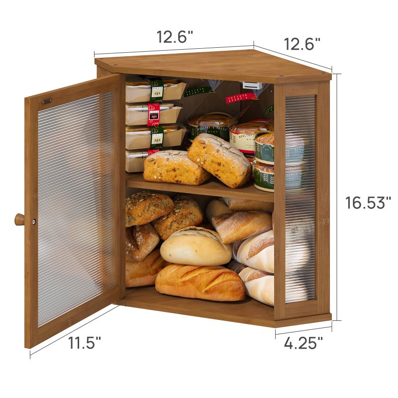 viewcare Corner Bread Box for Kitchen Counter, Bamboo Wood Large Capacity Bread Storage Bin with Acrylic Wavy Door Panel (Brown, Extra Large) - Image 5