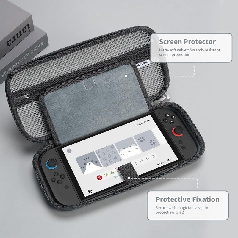GeekShare حقيبة حمل GeekShare متوافقة مع Switch 2 (2025) مقاس 7.9 بوصة، حقيبة سفر صلبة ونحيفة مع 12 فتحة لبطاقات الألعاب لوحدة التحكم Switch 2 وملحقاتها، تصميم أذن قطة لطيف (رمادي) - Image 2