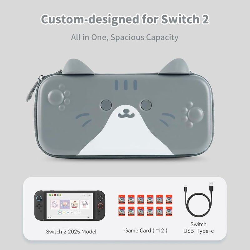 GeekShare حقيبة حمل GeekShare متوافقة مع Switch 2 (2025) مقاس 7.9 بوصة، حقيبة سفر صلبة ونحيفة مع 12 فتحة لبطاقات الألعاب لوحدة التحكم Switch 2 وملحقاتها، تصميم أذن قطة لطيف (رمادي) - Image 3