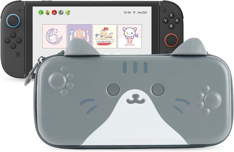 GeekShare حقيبة حمل GeekShare متوافقة مع Switch 2 (2025) مقاس 7.9 بوصة، حقيبة سفر صلبة ونحيفة مع 12 فتحة لبطاقات الألعاب لوحدة التحكم Switch 2 وملحقاتها، تصميم أذن قطة لطيف (رمادي) - Image 1