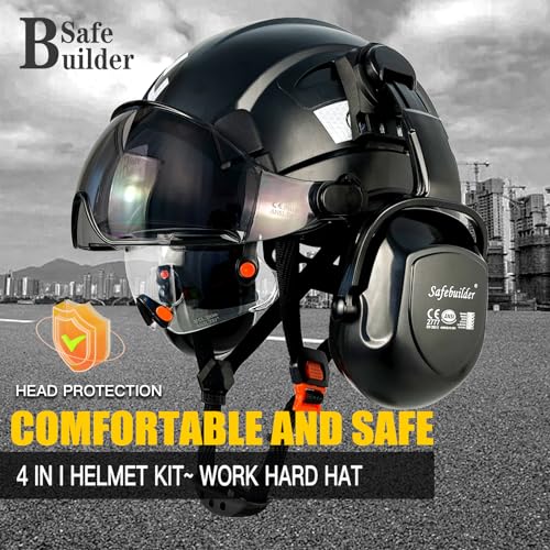 SAFEBUILDER Industrial Safety Helmet with Visor Ear Muffs Hard Hat with Visor Vented OSHA Approved Hardhats Construction Work Head Protection (Black Helmet with Clear & Tinted Visor & B07 Earmuffs) - Image 2