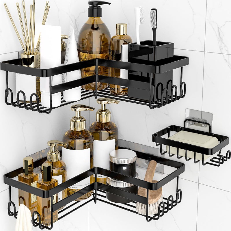 StorageRight Corner Shower Caddy 3 Pack Adhesive Bathroom Accessories with Soap Holder Storage Stainless Shower Organizer Shelf with Hooks No Drilling Shower Shelves for Bathroom Dorm and Kitchen