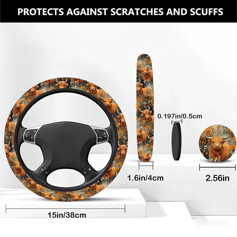 Farm Cute Flower Highland Cow Pattern Car Steering Wheel Cover 3pcs Size 14.5 to 15 Inches Neoprene Rubber Anti Slip Handle Easy to Install with 2 Coasters Car Accessories for Men and Women - Image 2