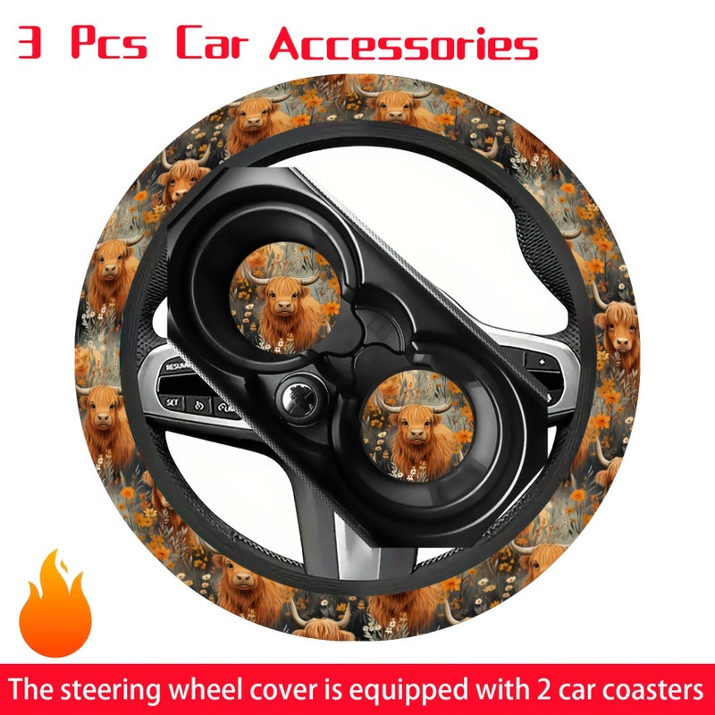 Farm Cute Flower Highland Cow Pattern Car Steering Wheel Cover 3pcs Size 14.5 to 15 Inches Neoprene Rubber Anti Slip Handle Easy to Install with 2 Coasters Car Accessories for Men and Women - Image 3
