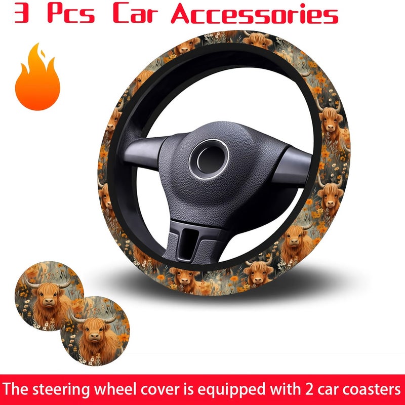 Farm Cute Flower Highland Cow Pattern Car Steering Wheel Cover 3pcs Size 14.5 to 15 Inches Neoprene Rubber Anti Slip Handle Easy to Install with 2 Coasters Car Accessories for Men and Women - Image 5
