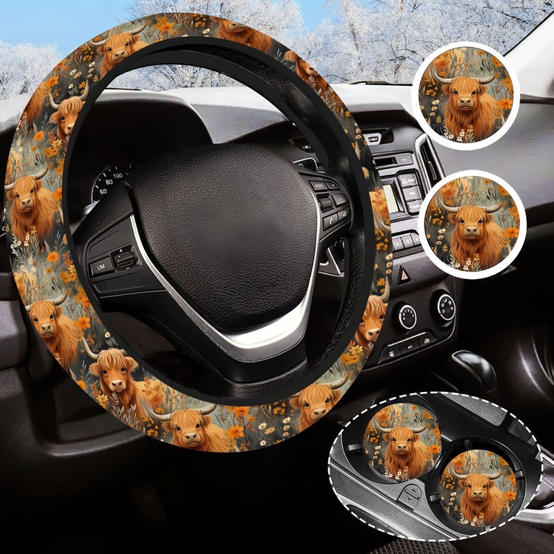 Farm Cute Flower Highland Cow Pattern Car Steering Wheel Cover 3pcs Size 14.5 to 15 Inches Neoprene Rubber Anti Slip Handle Easy to Install with 2 Coasters Car Accessories for Men and Women - Image 1