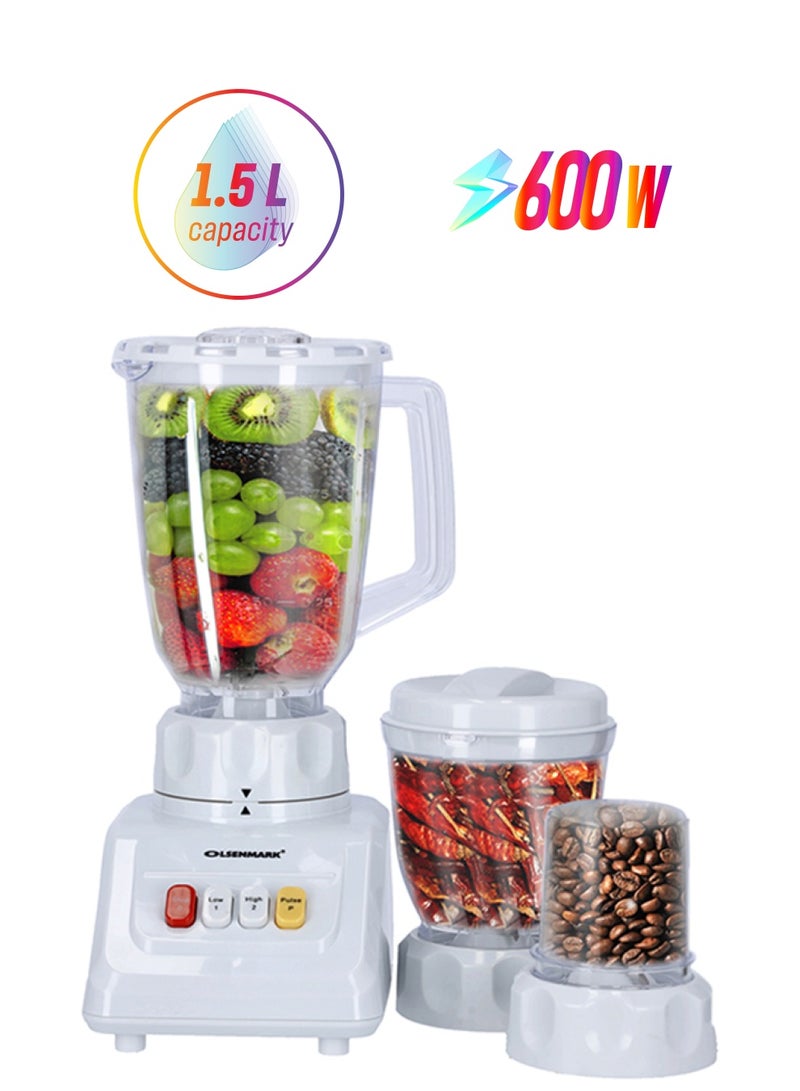 Olsenmark Multi-Functional 3 In 1 Blender, With 1.5 Liter Jar Capacity, Stainless Steel Blade & Housing, Overheat Protection, Multi-Functional Design For Blending, Grinding & Mincing, 2 Speed Function 1.5 L 600 W OMSB2054S White/Clear - Image 1
