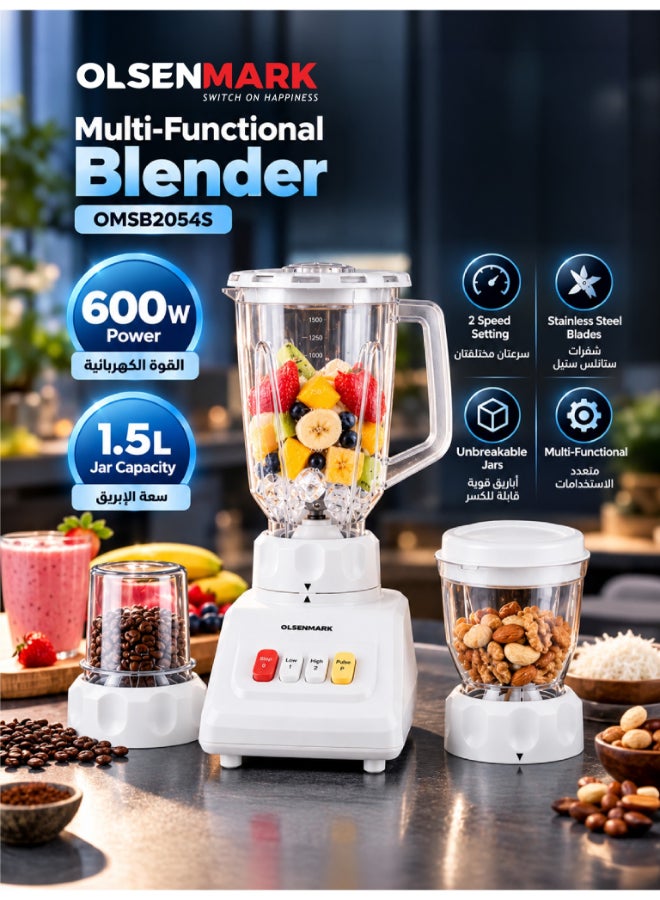 Olsenmark Blender 1.5L 600W, 2-in-1 Blender Mixer Grinder Juicer, Powerful Motor, 2 Speed Settings, Transparent Unbreakable Jars, Stainless Steel Blades, Smoothie & Milkshake Maker, Bean Coconut Nut Grinder, Mincer, Food Processor, Kitchen Blender, 2 Years Warranty 1.5 L 600 W OMSB2054S White/Clear - Image 1