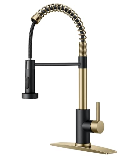 FORIOUS Kitchen Faucet with Pull Down Sprayer, Stainless Steel Commercial Single Handle Classic Spring Pull Out Sink Faucet for Pot Filler, Farmhouse Camper Bar Laundry Room, Black Gold - Image 1
