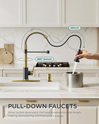 FORIOUS Kitchen Faucet with Pull Down Sprayer, Stainless Steel Commercial Single Handle Classic Spring Pull Out Sink Faucet for Pot Filler, Farmhouse Camper Bar Laundry Room, Black Gold - Image 2