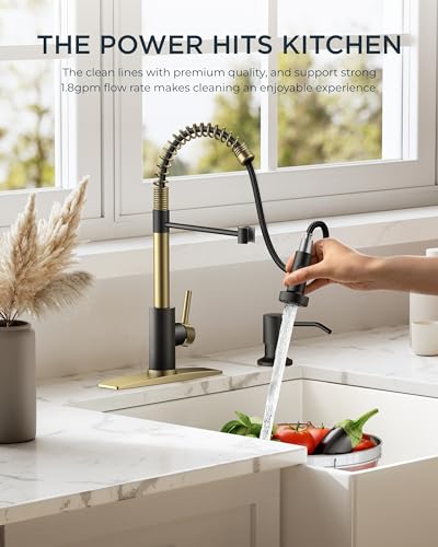 FORIOUS Kitchen Faucet with Pull Down Sprayer, Stainless Steel Commercial Single Handle Classic Spring Pull Out Sink Faucet for Pot Filler, Farmhouse Camper Bar Laundry Room, Black Gold - Image 4