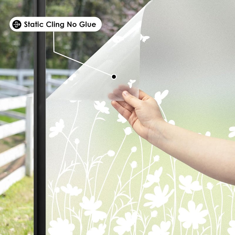 DKTIE Window Privacy Film Flowers Pure White Pattern Stained Glass Window Film Decorative Frosted Glass Window Film Sun Blocking Heat Control Static Cling (A274, 17.5" x 78.7") - Image 5