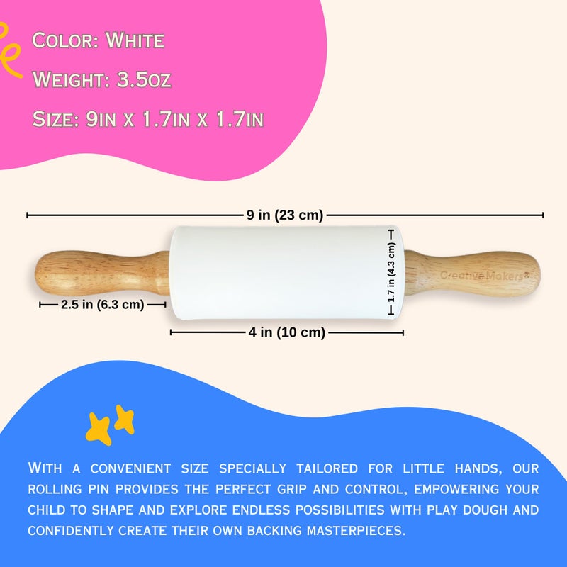 Creative Makers Small Rolling Pin for Kids, Non-Stick Silicone Surface with Wooden Handles for Play Dough and Baking Rolling Pin (9in, White) - Image 3