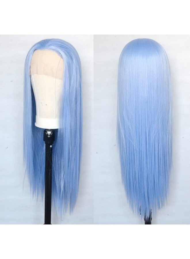 Luwigs Ice Blue Lace Front Wigs Synthetic Silky Straight Hand Tied Light Blue Replacement Wigs Heat Resistant For Cosplay Party 22Inch - Image 4