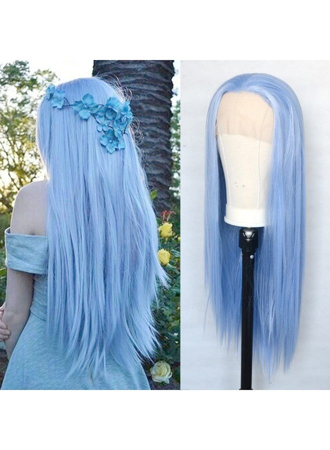 Luwigs Ice Blue Lace Front Wigs Synthetic Silky Straight Hand Tied Light Blue Replacement Wigs Heat Resistant For Cosplay Party 22Inch - Image 2