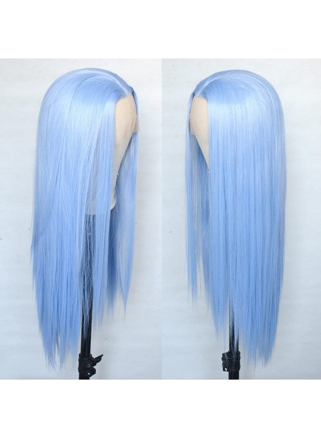 Luwigs Ice Blue Lace Front Wigs Synthetic Silky Straight Hand Tied Light Blue Replacement Wigs Heat Resistant For Cosplay Party 22Inch - Image 3