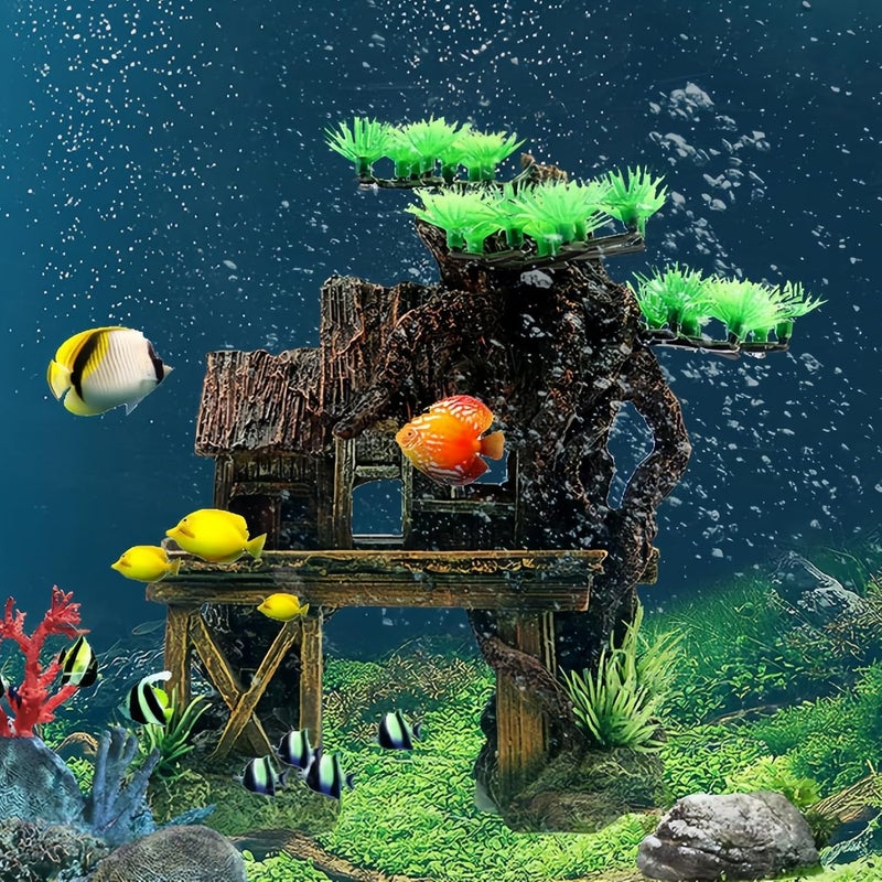kathson Aquarium Decorations Fish Tank Ornaments House on Terrace with Tree Root Resin Handicrafts for Betta Fish - Image 4
